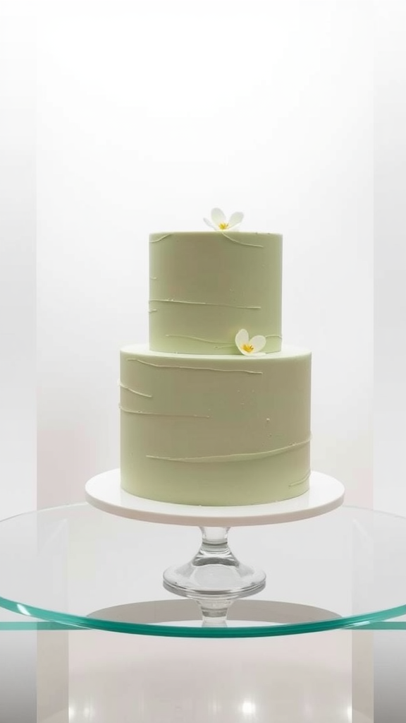 A simple sage green wedding cake on a glass stand with minimal decorations.
