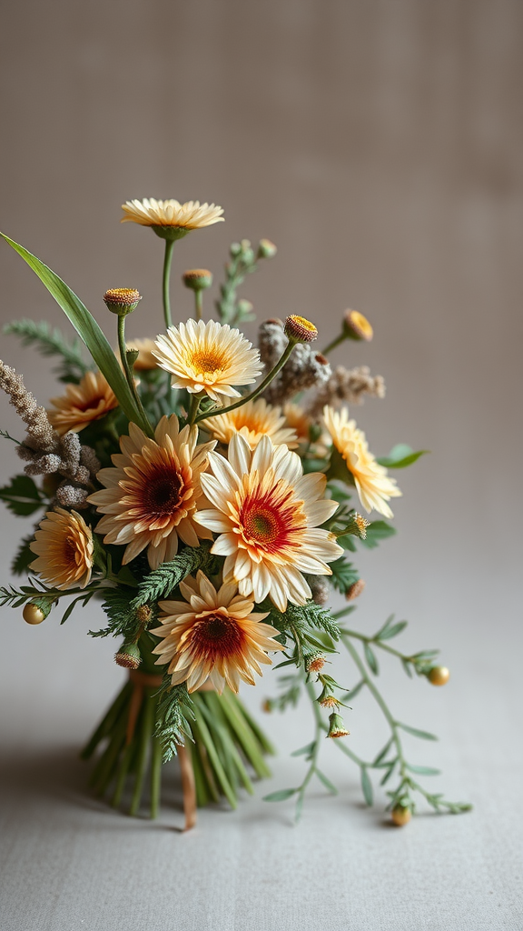A minimalist wedding bouquet featuring large daisies in soft yellow tones, accented with greenery and natural elements.