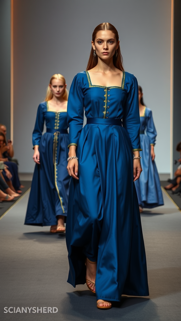 Models showcasing modern interpretations of blue medieval dresses on a runway