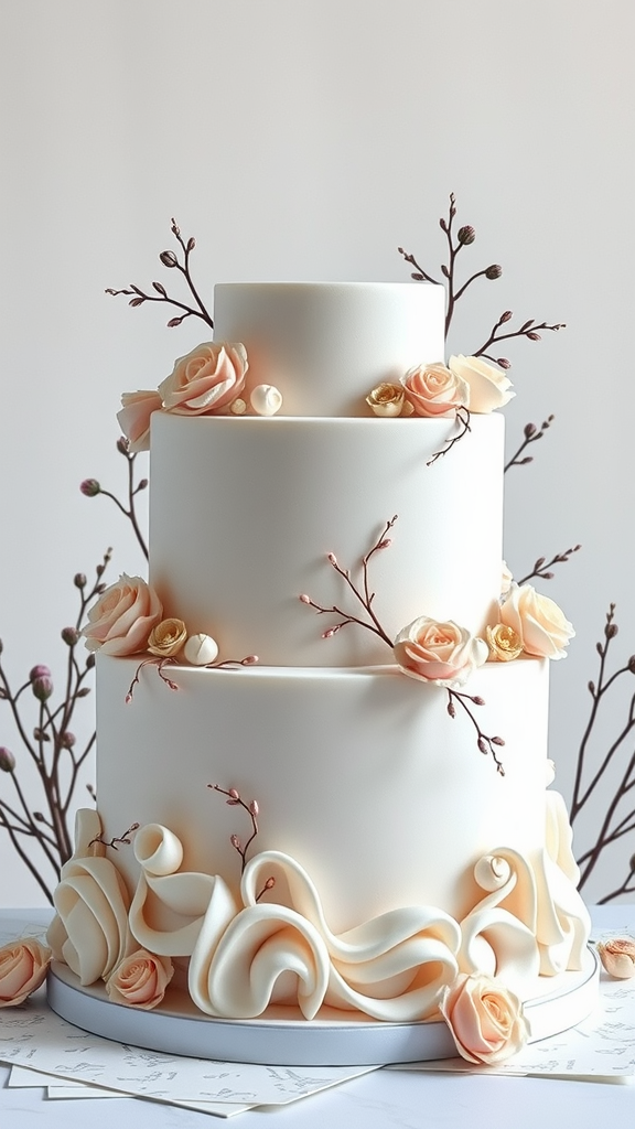 A beautifully designed Rococo cake with three tiers, decorated with pink roses and delicate branches.