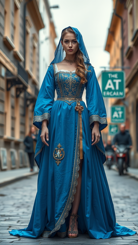A woman wearing a blue medieval wedding dress with a hood, standing on a cobblestone street.