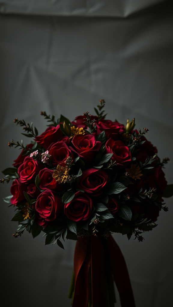 A stunning bouquet featuring deep red roses and greenery, perfect for an earth tone wedding.