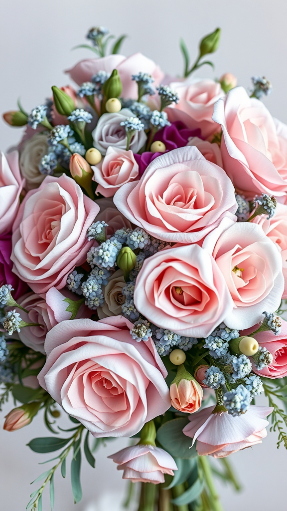 A bouquet featuring soft pink roses and delicate blue flowers, showcasing a muted pink and dusty blue palette.