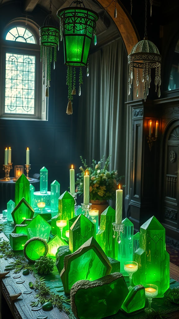 A beautifully arranged table with emerald green crystals, candles, and hanging lanterns, creating a mystical decor setting.