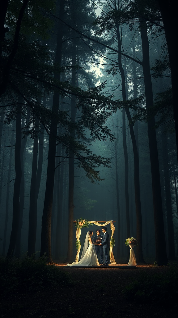 A couple stands under a floral arch in a misty forest, surrounded by tall trees.