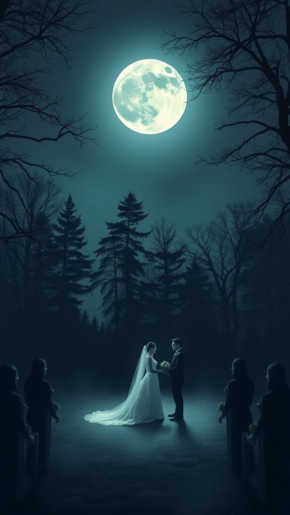 A couple in a wedding ceremony under a full moon surrounded by trees and guests.