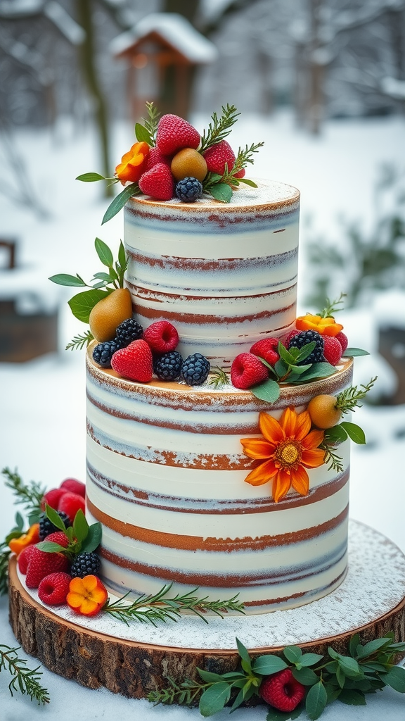 A beautifully decorated naked cake with festive fruits, including strawberries, raspberries, and blackberries, set against a snowy background.