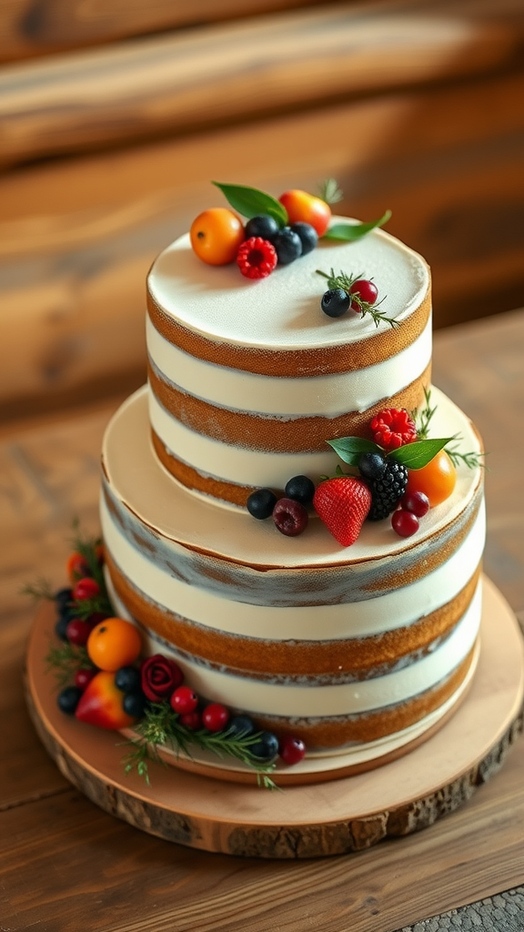 A two-tier naked wedding cake adorned with seasonal fruits like strawberries, blueberries, and cherries on a wooden base.