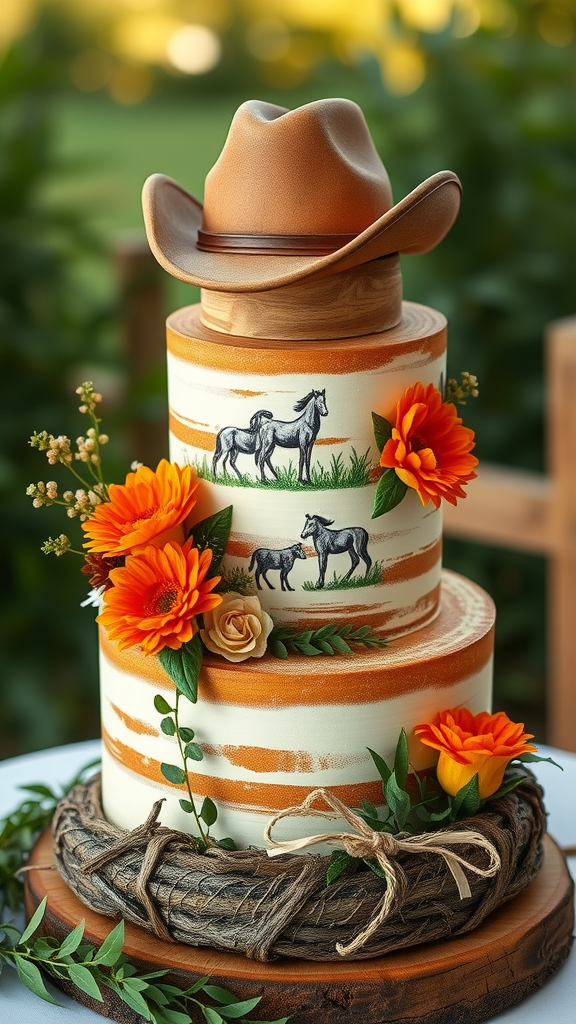 A cowboy wedding cake decorated with a cowboy hat, hand-painted horses, bright flowers, and a rustic wooden base.