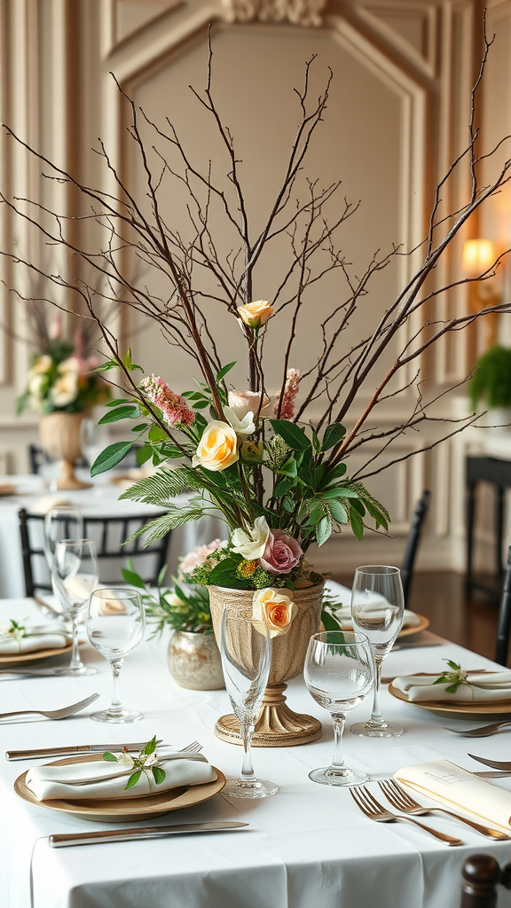 25 Creative Nesting Party Ideas for a Cozy Gathering A well-decorated table with a nature-inspired centerpiece featuring flowers and branches. Nesting Party Ideas