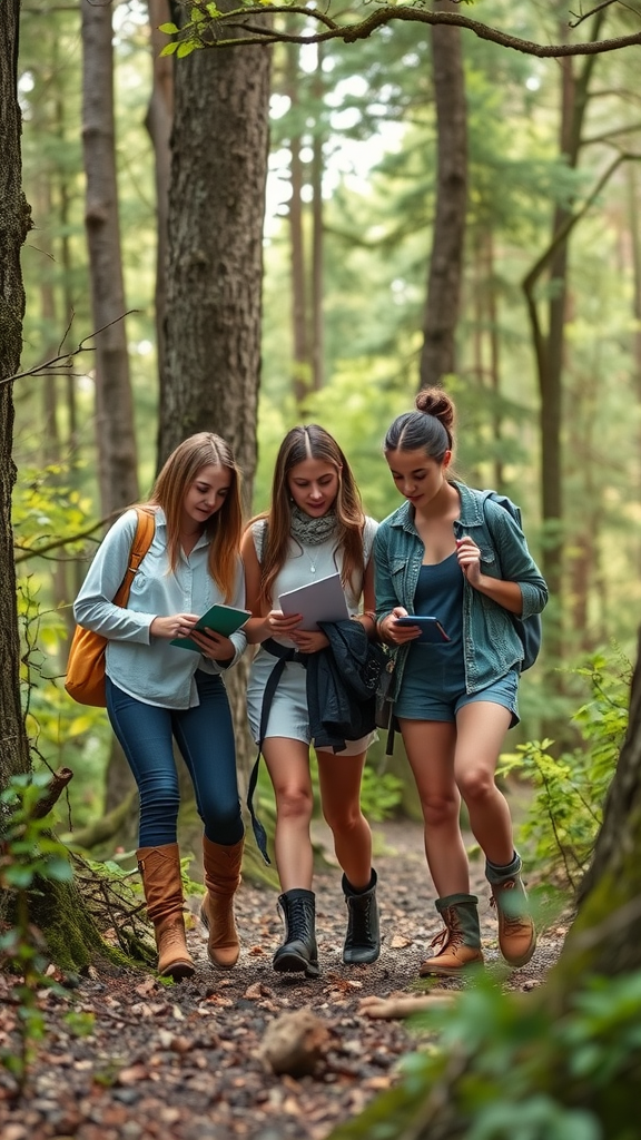 25 Creative Nesting Party Ideas for a Cozy Gathering Three friends enjoying a nature walk, engaged in a scavenger hunt.