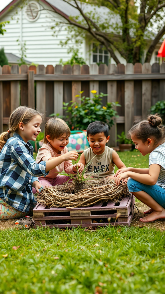 25 Creative Nesting Party Ideas for a Cozy Gathering Children engaging in a nesting activity, creating a nest from twigs and greenery.
