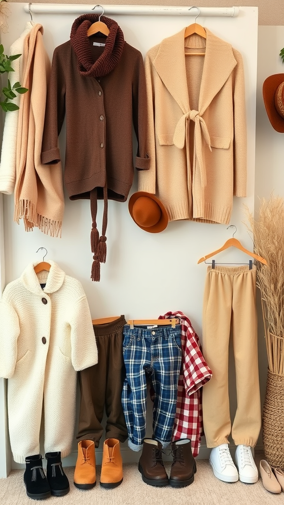 25 Must-Have Items for the Perfect Nesting Party A selection of cozy clothing options including cardigans, coats, pants, and shoes, suitable for a nesting party. Nesting Party