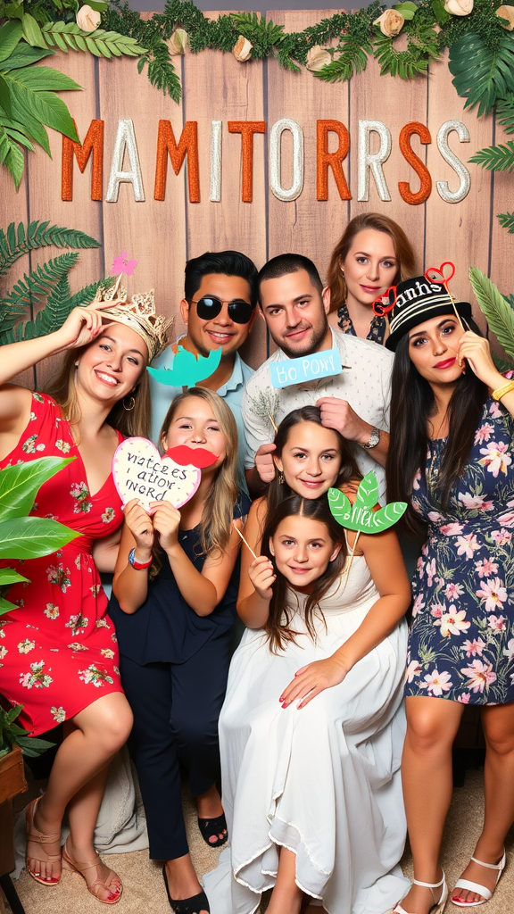25 Creative Nesting Party Ideas for a Cozy Gathering A group of friends happily posing in a photo booth with playful props and a decorated backdrop. Nesting Party Ideas