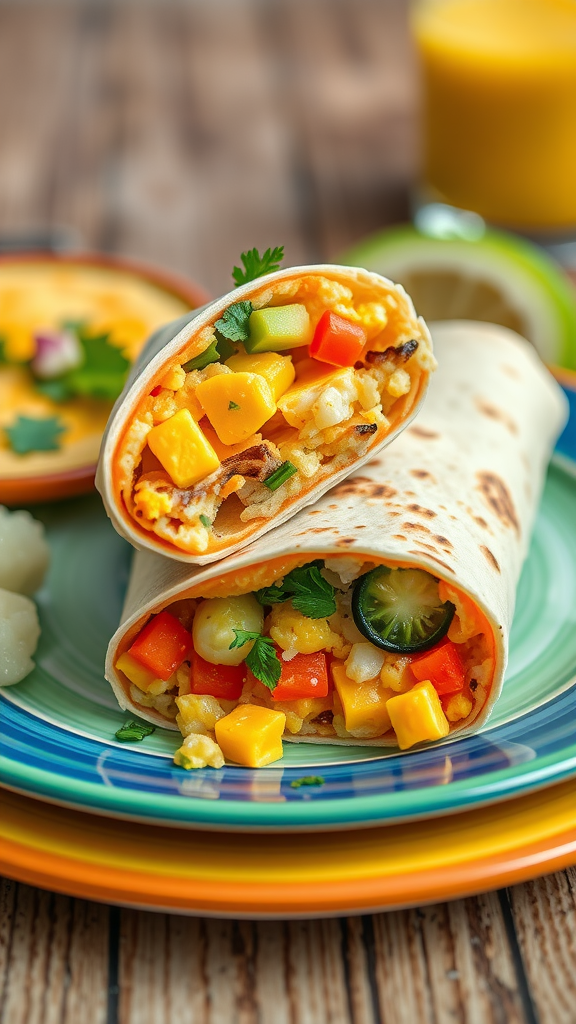 A colorful breakfast burrito filled with eggs, cheese, and vegetables.