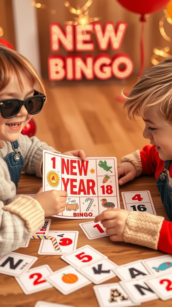 Children playing New Year’s Eve Bingo with colorful cards and festive decorations.