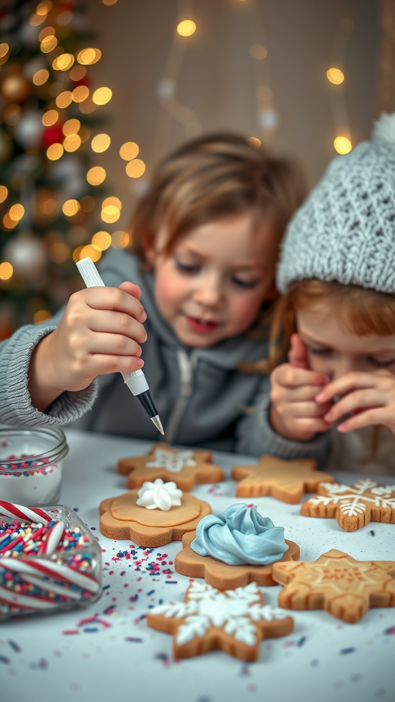 Two children decorating cookies with icing and sprinkles, festive atmosphere with a Christmas tree in the background