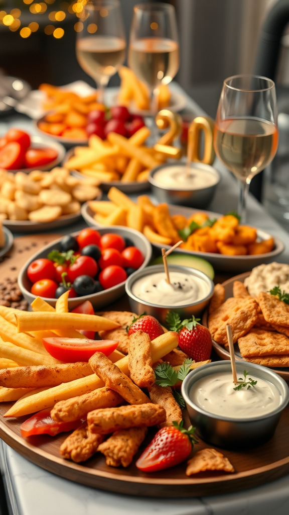 A festive spread of snacks and drinks for a New Year’s Eve party, featuring fries, chicken bites, veggies, and sparkling wine. adults New Year's Eve Party Ideas