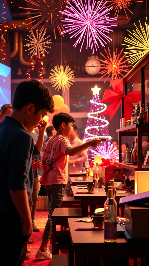 A festive New Year’s Eve scene with children engaging in activities surrounded by colorful decorations and fireworks.