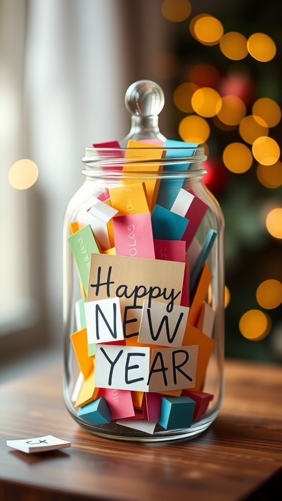 A glass jar filled with colorful papers labeled 'Happy New Year.'