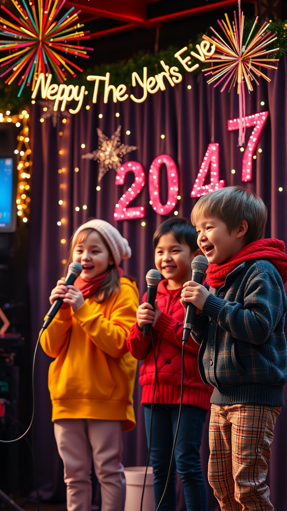 Three kids singing karaoke on New Year's Eve with colorful decorations.