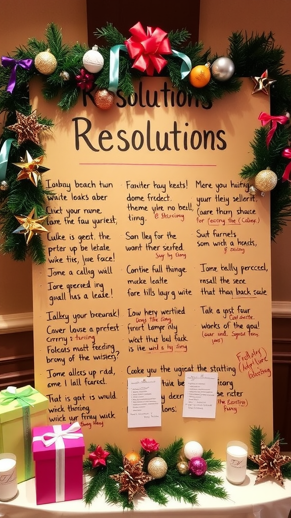 A colorful New Year’s resolution board decorated with flowers and festive elements.