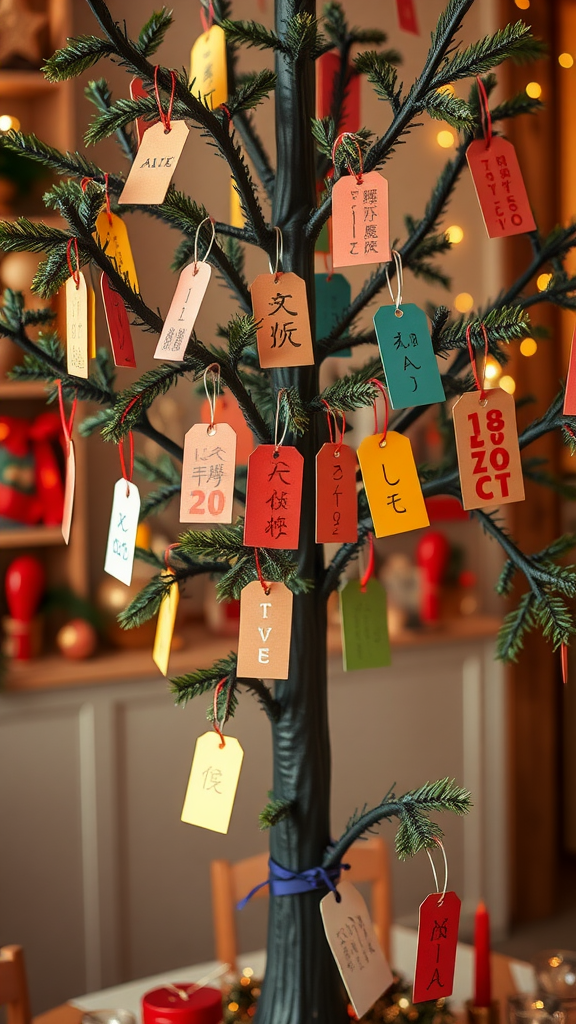 A decorative tree with colorful tags hanging from its branches, each representing a wish or message.