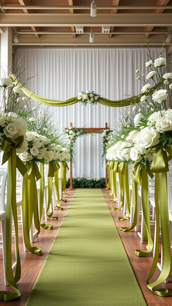 Elegant aisle decor with olive green ribbons and white roses for a wedding