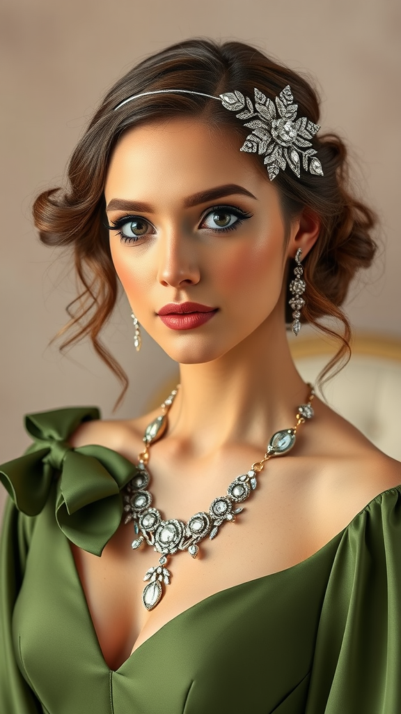 Bride with olive green dress and elegant accessories, including a necklace and earrings, showcasing a sophisticated bridal look.