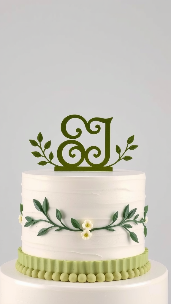 A white wedding cake with an olive green topper and decorative greenery.