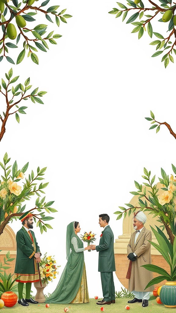 An olive green themed wedding with a couple exchanging vows, surrounded by greenery and floral decorations.
