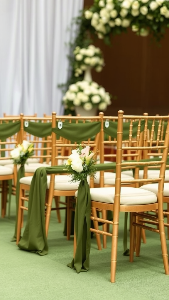 Ceremony chairs with olive green sashes and floral decorations in a wedding setting.