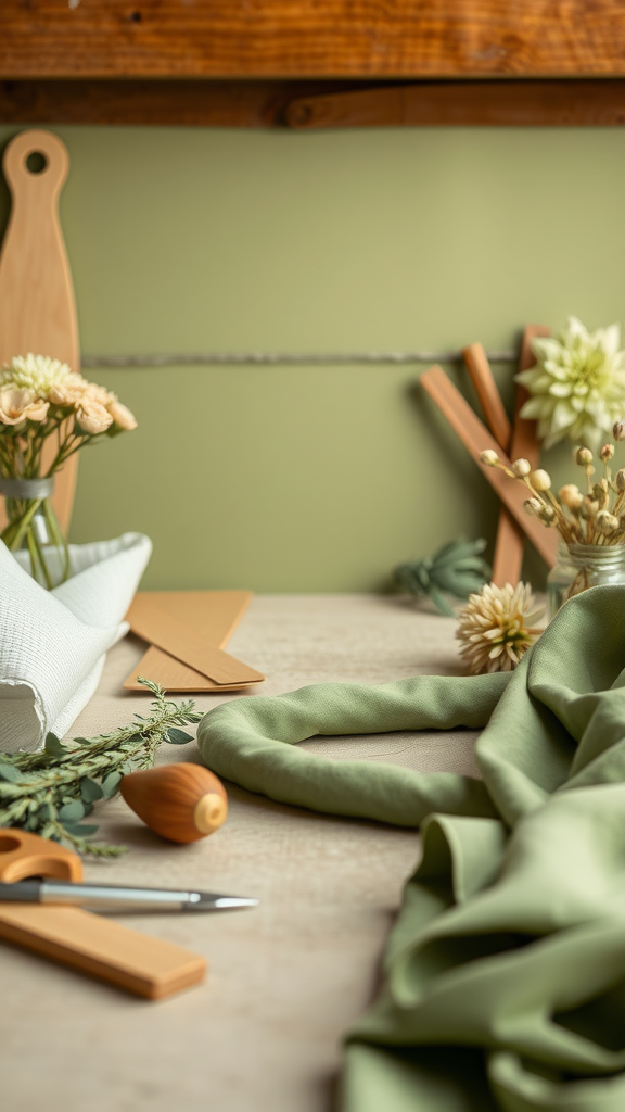 A workspace featuring olive green fabrics, wooden tools, and flowers, ideal for DIY wedding projects.