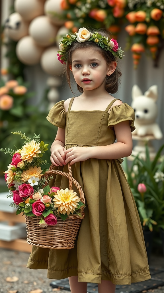 A little girl in an olive green flower girl dress holding a basket of flowers, adorned with a floral crown.
