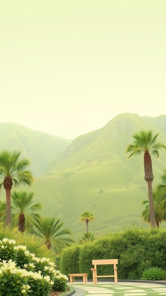 A serene outdoor setting with palm trees and lush greenery, ideal for olive green weddings.