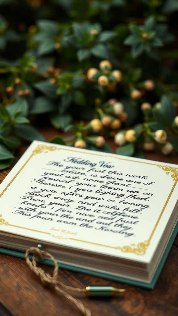 A close-up of a handwritten wedding vow book on a wooden surface, surrounded by olive green leaves and soft floral accents.