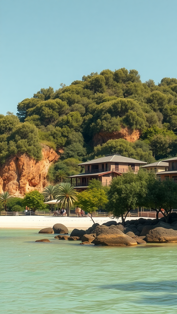 A tranquil beach view with lush greenery and smooth rocks by the water.