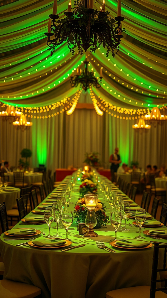 A beautifully lit wedding reception with olive green lighting and elegant table settings.