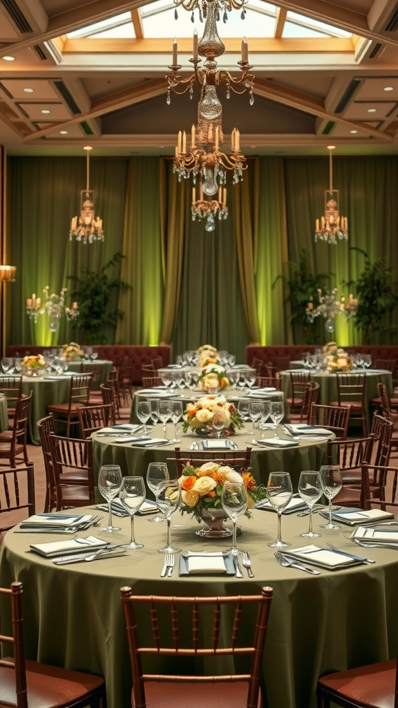 Elegant reception decor featuring olive green tables with floral arrangements, chandeliers, and green drapery.