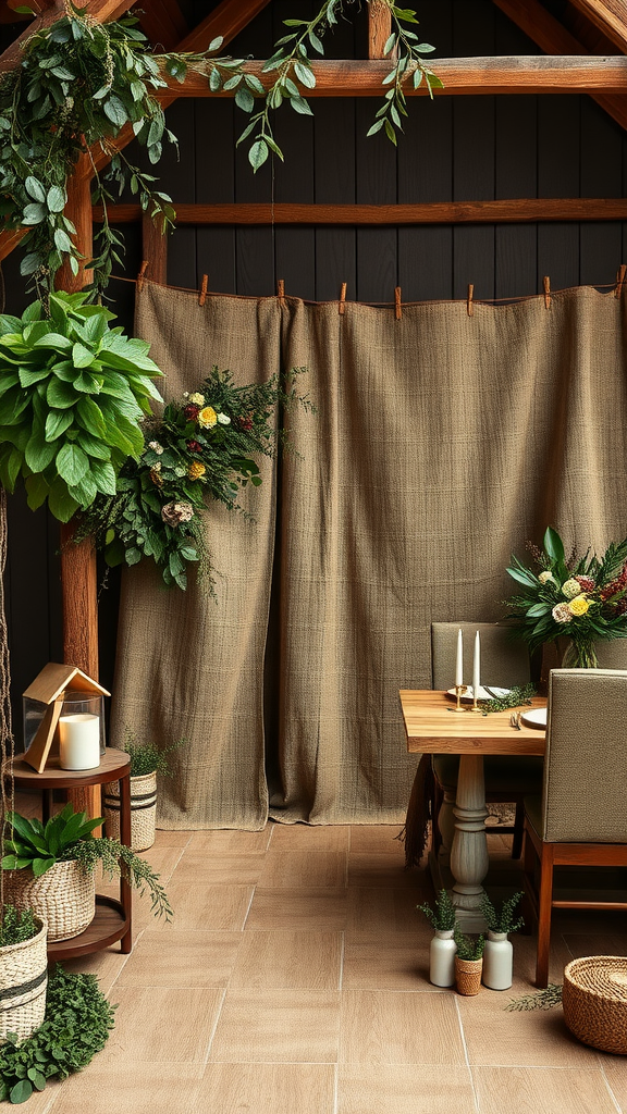 A rustic wedding dining area decorated with greenery, wooden furniture, and soft fabric curtains.