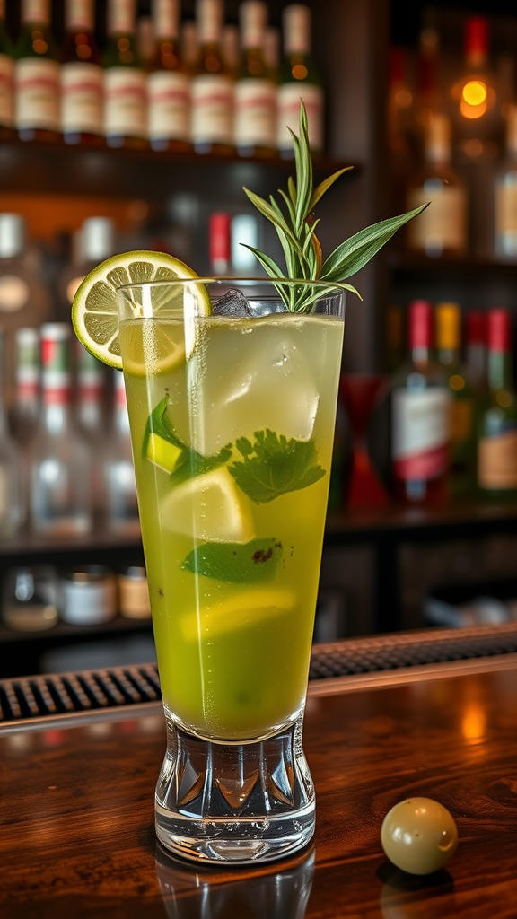 A refreshing olive green cocktail garnished with mint and lemon slices