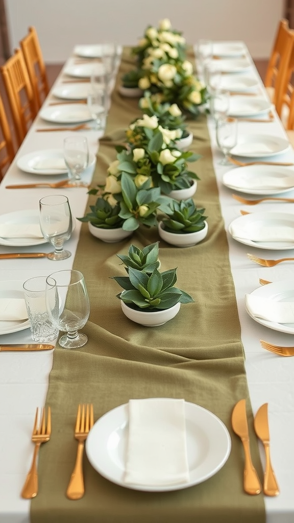 A beautifully arranged wedding table featuring an olive green table runner, white plates, gold cutlery, and succulent centerpieces.