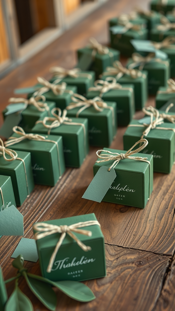 Olive green themed guest favors neatly arranged on a wooden table