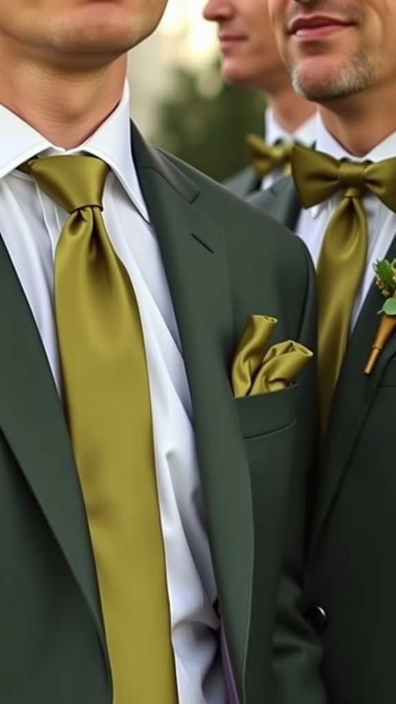 Groomsmen in olive green suits with ties and accessories