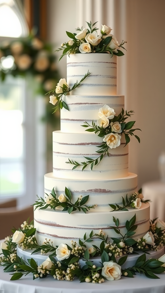 Elegant wedding cake with white roses and greenery, featuring a tiered design in an olive green theme.