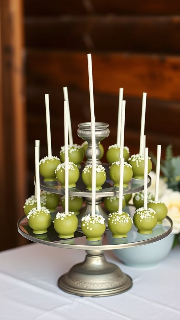 A display of olive green wedding cake pops on a tiered stand, decorated with white embellishments.