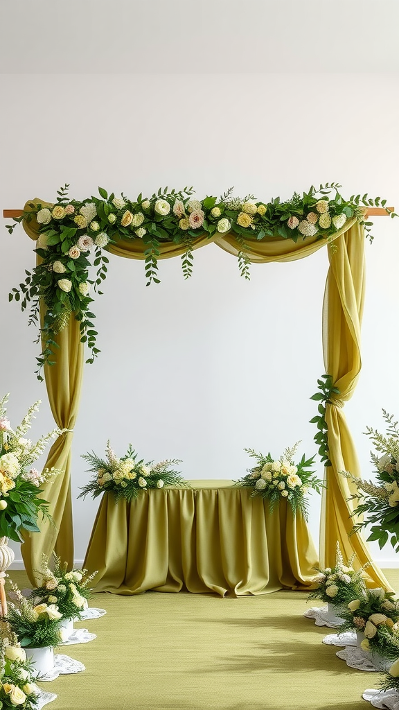 A beautiful olive green wedding ceremony backdrop with floral decorations and draped fabric