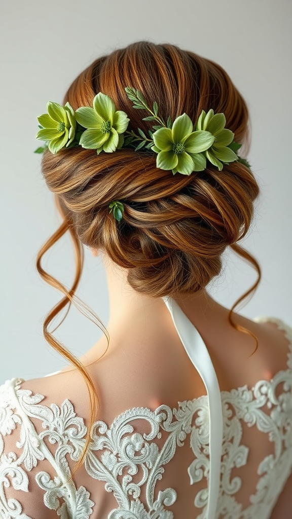Olive green wedding hairstyle featuring an elegant updo with green flowers