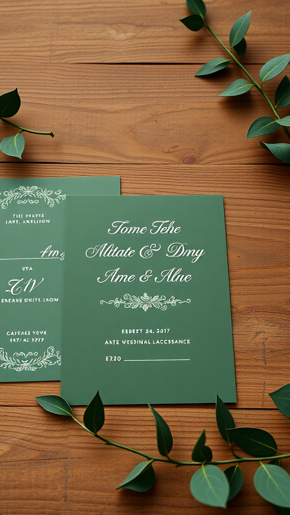 Olive green wedding invitations with elegant white lettering on a wooden surface surrounded by greenery