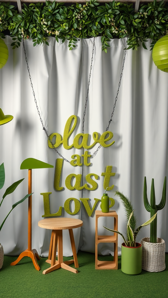 Olive Green Wedding Photo Booth with greenery and vibrant decor
